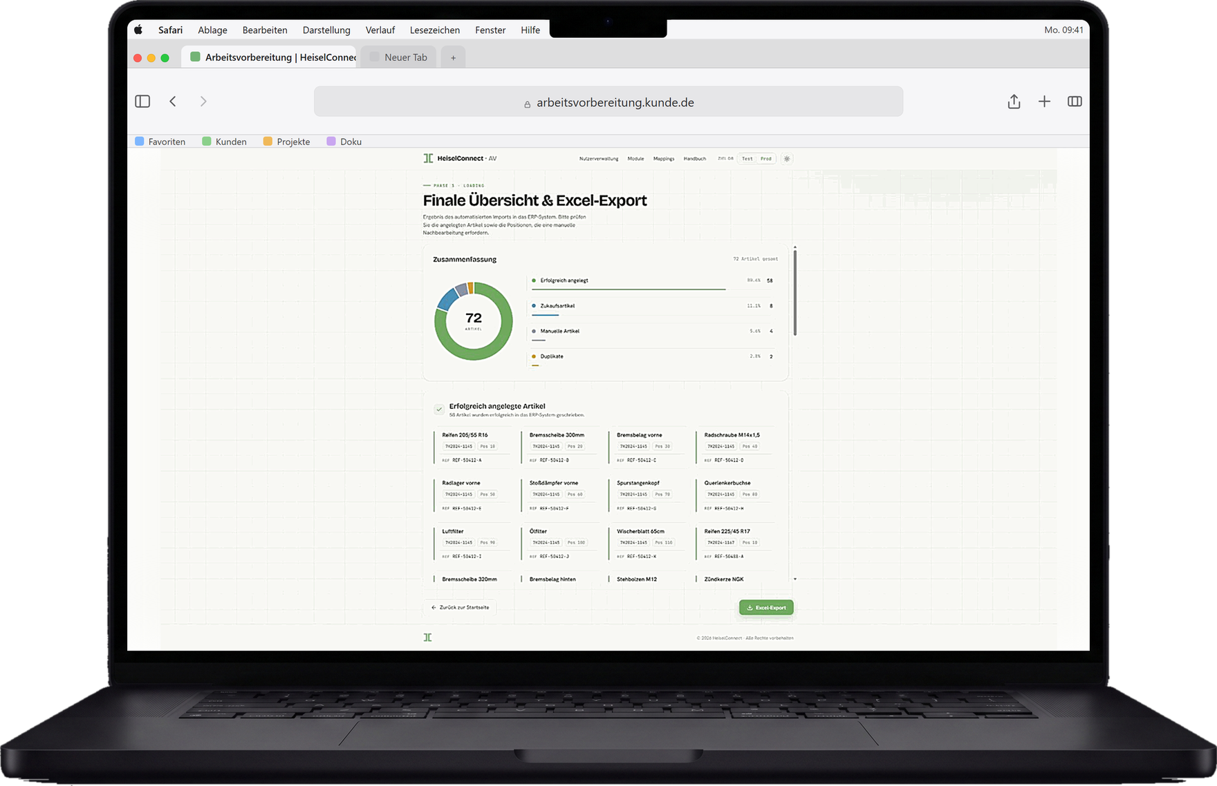 Firmeneigenes Interface für die Arbeitsvorbereitung am Notebook: die Übersicht nach dem automatischen Import zeigt 72 Artikel, davon 58 erfolgreich im ERP angelegt.