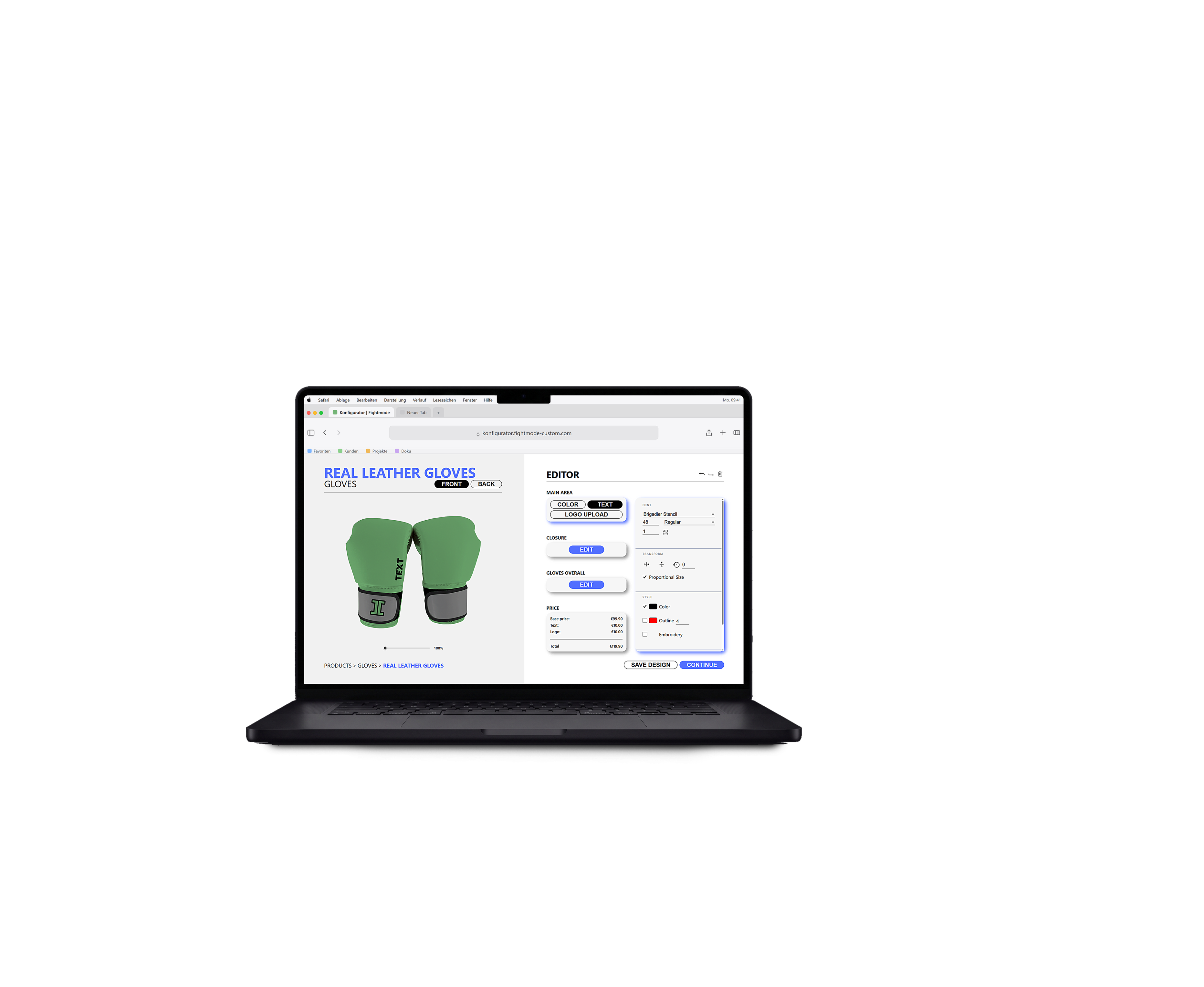 Produktkonfigurator am Notebook: links die Vorschau der gestalteten Handschuhe, rechts der Editor mit Farbflächen, Schriftzug, Logo-Upload und laufender Preisberechnung.